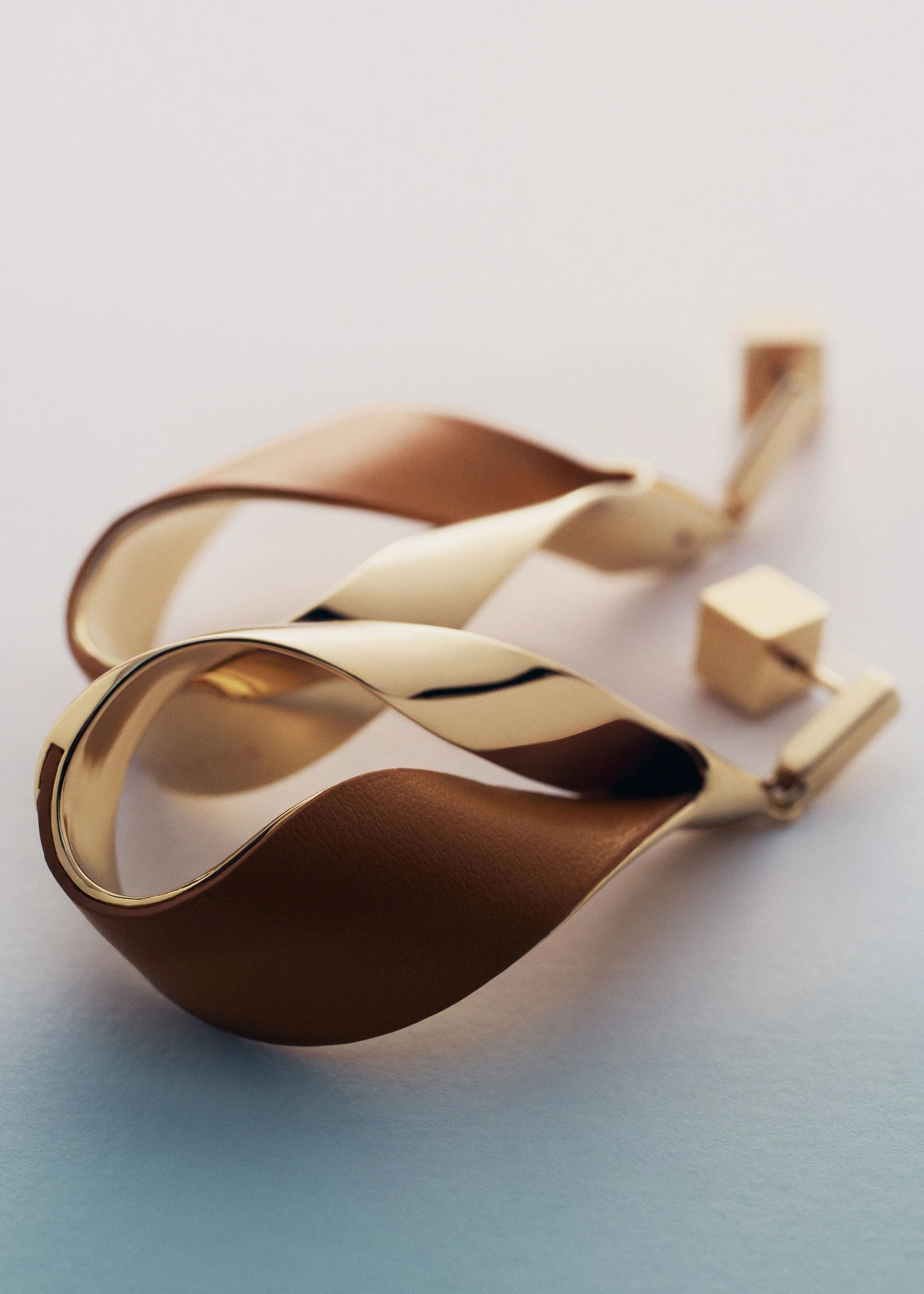 Ormé Pendant Earrings - Gold Gilded with Camel Leather - Image 2